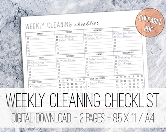 Weekly Cleaning Checklist EDITABLE Printable Letter & A4, Weekly Cleaning Planner, Cleaning List, Daily Cleaning Checklist