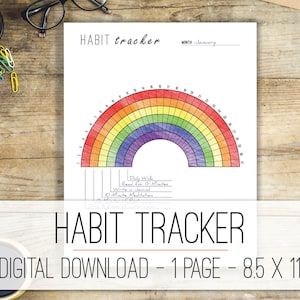 May include: A printable habit tracker with a rainbow design. The tracker is divided into 31 sections, representing the days of the month. The rainbow design is made up of seven colors: red, orange, yellow, green, blue, indigo, and violet. The tracker is labeled "HABIT tracker" and "MONTH January".