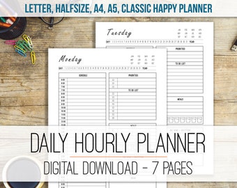 Daily Planner Printable, Hourly Planner, Day Planner, Goal Planner, Work Planner, Productivity Planner, Classic Happy Planner, A5, Half Size