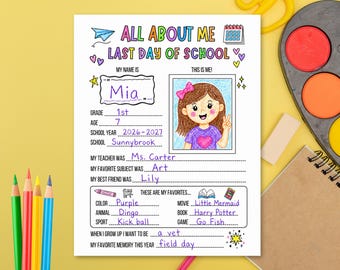 Last Day of School All About Me Questionnaire Printable, End of School Year Classroom Activity, Student Interview, Get To Know Me, Keepsake