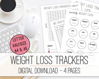 Weight Loss Tracker Bundle, Health and Fitness Planner, Half Size, Printable, Digital Download, A5, A4, and Letter