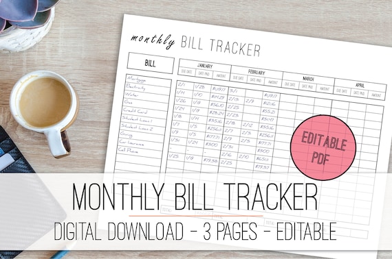 Monthly Bill Tracker Editable Printable, Finance Planner, Money Planner, Bill Organizer, Finance Organizer, Editable PDF
