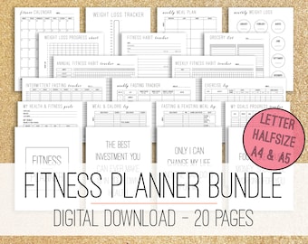 Fitness Planner Printable Bundle, Weight Loss Planner, Workout Planner, Fitness Journal, A5 A4 Letter Size Half size