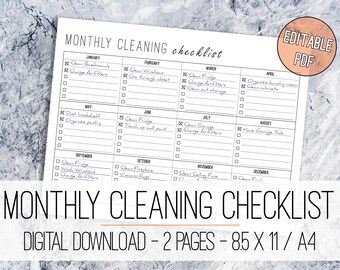 Monthly Cleaning Checklist EDITABLE Printable Letter & A4, Monthly Cleaning Planner, Cleaning List, Yearly Cleaning List, Annual Planner
