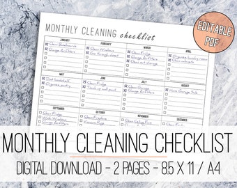 Maandelijkse schoonmaakchecklist BEWERKBARE afdrukbare letter & A4, maandelijkse schoonmaakplanner, schoonmaaklijst, jaarlijkse schoonmaaklijst, jaarplanner