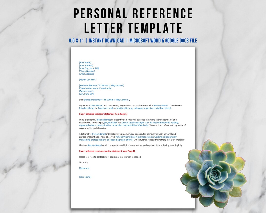 Personal Reference Letter Template, Letter of Recommendation, Editable ...