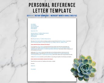 Personal Reference Letter Template, Letter of Recommendation, Editable Character Reference Letter, Job Referral, Word and Doc Files