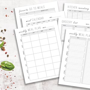 May include: A set of printable meal planning sheets with headings for "favorite go to meals", "meal calendar", "weekly meal plan", "kitchen inventory", and "grocery list".