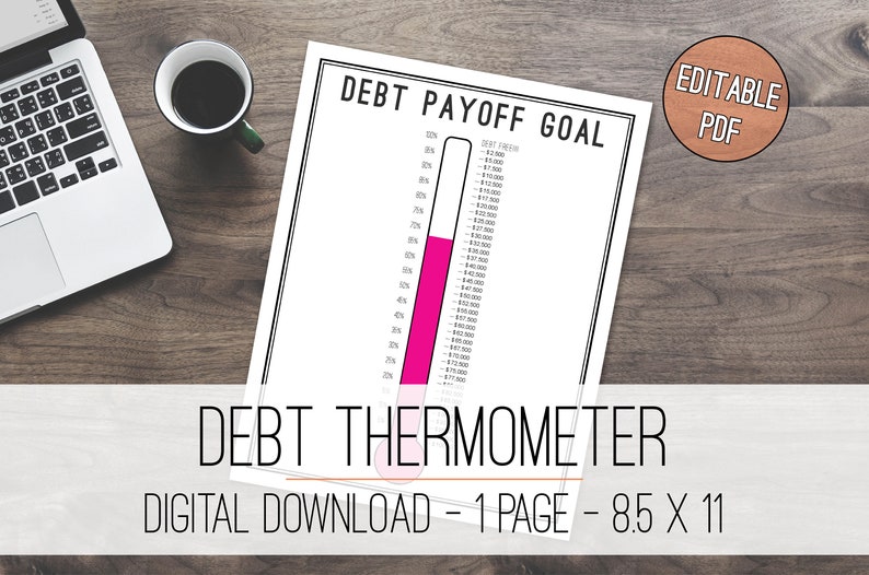 Debt Thermometer Tracker Printable, Debt Tracker, Debt Printable image 1