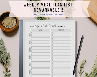 Weekly Meal Planner and Grocery List For ReMarkable 2, Meal Prep Planner, Menu Planner, 7-Day Menu Plan
