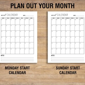 May include: Two printable meal planning calendars, one with a Monday start and one with a Sunday start. Each calendar has a grid for writing in meals for each day of the month, with spaces for notes at the bottom.