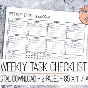 Weekly Task Checklist Printable EDITABLE Letter & A4, Task Planner, Daily Planner, Weekly and Daily Schedule image 1