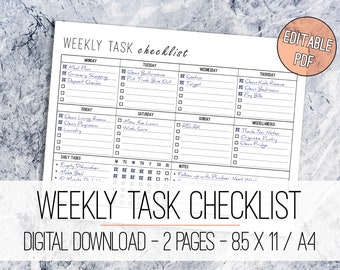 Weekly Task Checklist Printable EDITABLE Letter & A4, Task Planner, Daily Planner, Weekly and Daily Schedule