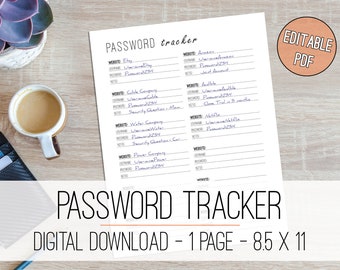 Editable Password Tracker Printable Password Log Editable Password Keeper Password Organizer Password Sheets for Planner Inserts