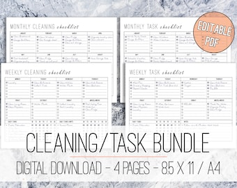 Cleaning Checklist Task List BUNDLE Editable Printable Letter & A4, Cleaning Checklist, Tasks, To Do List, Weekly Cleaning, Monthly Cleaning