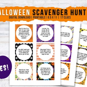 Búsqueda del tesoro de Halloween, 17 pistas, truco o trato, búsqueda del tesoro en interiores, tarjetas de búsqueda del tesoro, juego de Halloween imprimible para niños, PDF