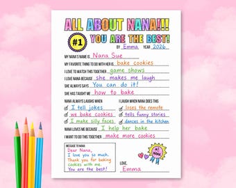 All About My Nana Printable Questionnaire, Happy Mother's Day, Nana Interview Questions, Grandparents Day, Gift From Grandkids, Keepsake