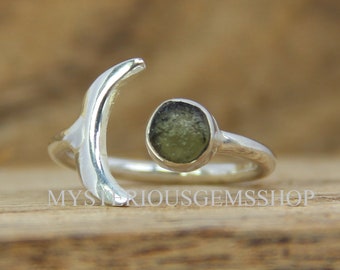 Anneau rugueux de Moldavite naturelle, bijoux de pierre gemme de Moldavite, anneau brut d'argent sterling de Moldavite 925, anneau brut de pierre gemme de Moldavite de coupe ronde