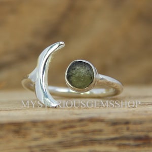 Natural Moldavite Rough Ring , Moldavite Gemstone Jewelry , Raw Moldavite 925 Sterling Silver Ring , Round Cut Moldavite Gemstone Raw Ring