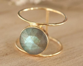 Labradorite Gemstone Double Band Ring 925 Silver Sterling And Gold Polished Ring Statement Boho Ring Handmade Ring Gift For Her