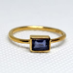 Iolite Stacking Ring Silver With Gold Polished Ring Thin Band Handmade Ring Faceted Round And Rectangle Iolite Gemstone Ring Gift For Her