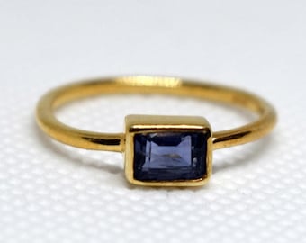 Iolite Stacking Ring Silver With Gold Polished Ring Thin Band Handmade Ring Faceted Round And Rectangle Iolite Gemstone Ring Gift For Her