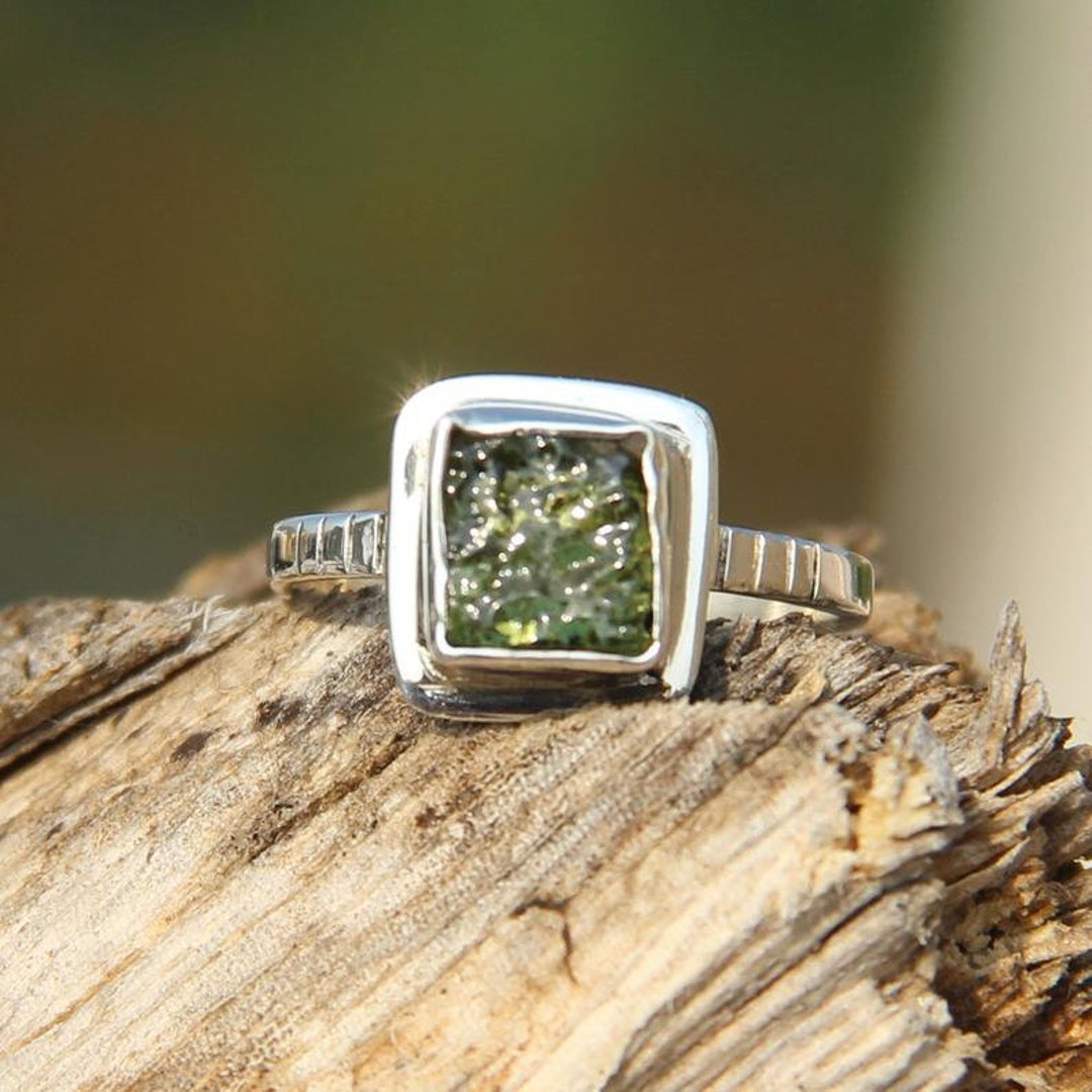 Natural Moldavite Silver Ring Rough Moldavite Ring Moldavite
