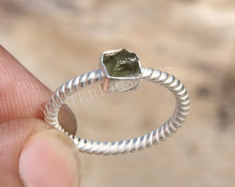 Roher Moldavit Edelstein Ring: Tschechische Republik 925 Sterling Silber