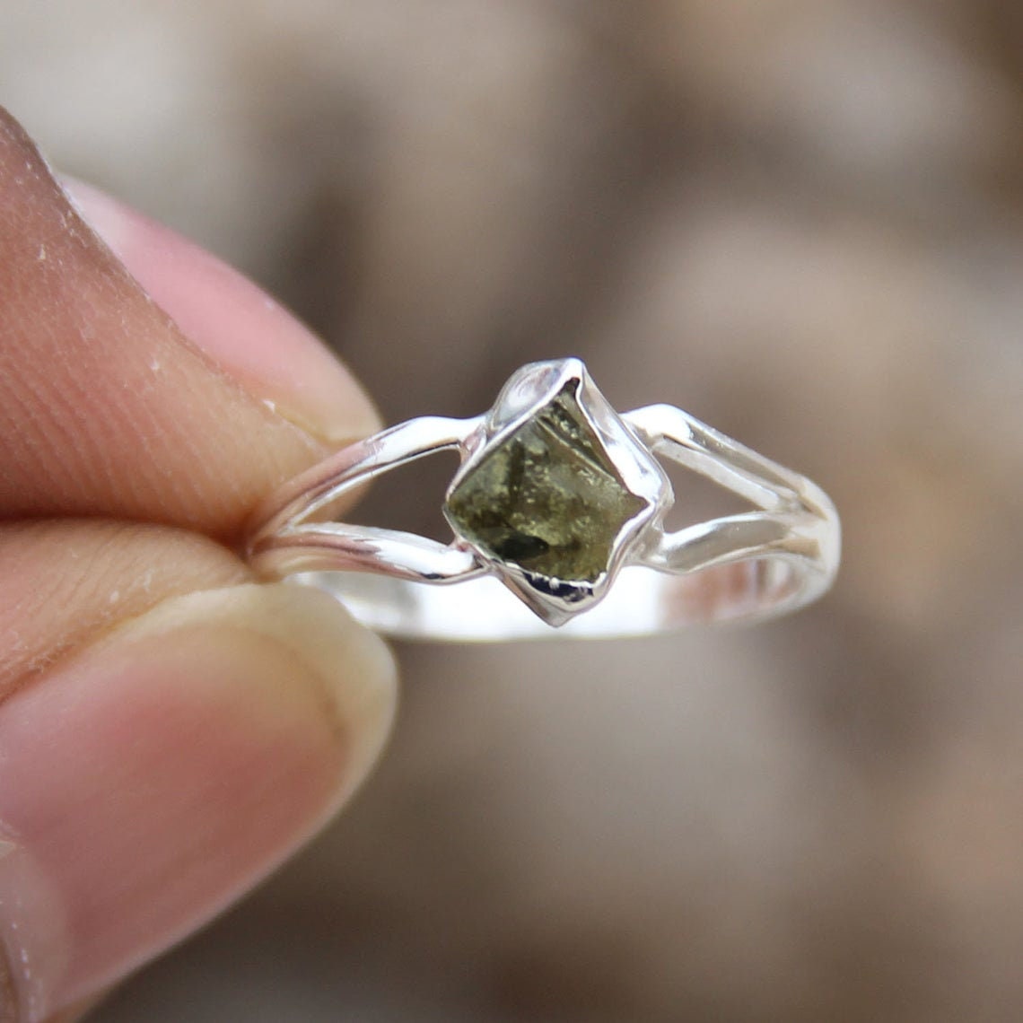 Natural Moldavite Silver Ring Rough Moldavite Ring Moldavite Etsy