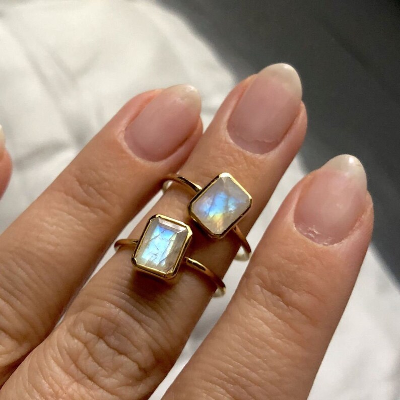 Natural Rainbow Moonstone Ring,Emerald Cut Gemstone Ring,925-Sterling Silver Ring,Boho Ring,Middle Finger Ring, gold Polished 