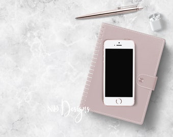 Download Free Styled Stock Flat Lay And Or Iphone Mockup With Blush Notebook And Pen On Marble Surface Great For Your Blog Social Media And More Free Templates Psd Mockups PSD Mockup Template