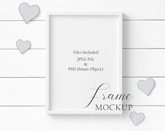 5x7 White Wood Frame Mockup Styled with rustic blue heart accents on a white wood background in both JPEG and PSD (Smart Object) formats.