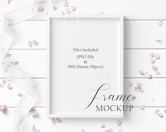 5x7 White Wood Frame Mockup Styled with ribbon and pink flower accents on white wood background in both JPEG and PSD (Smart Object) formats.