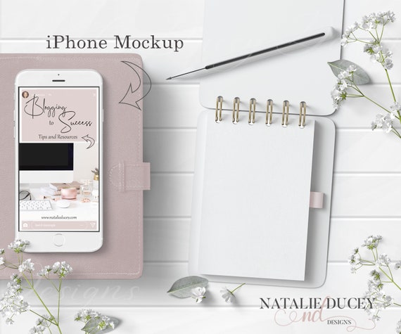 Iphone Mockup Digitally Styled With Blush Notebook Flowers Etsy
