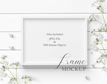 5x7 White Wood Frame Mockup Styled with beautiful flowers on a white wood background in both JPEG and PSD (Smart Object) formats.