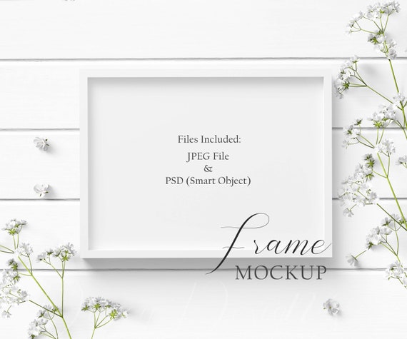 5x7 White Wood Frame Mockup Styled with beautiful flowers on a white wood background in both JPEG and PSD (Smart Object) formats.