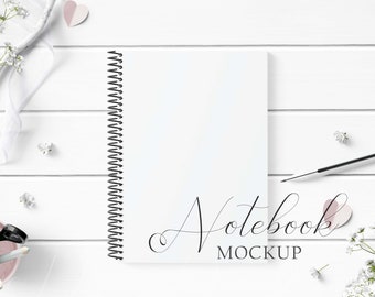 Custom Order ** for Deborah Walker ~ Spiral Notebook Mockup Styled with rustic white wood & blush paper hearts on a white wood background.