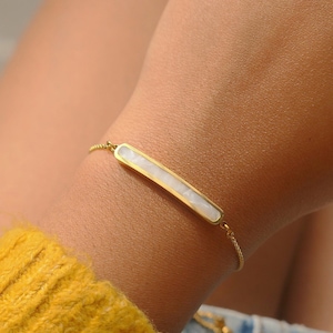 Gold Mother of Pearl Bracelet, Dainty Bar Gold Bracelet, Gemstone Jewellery, June Birthday gift, Bracelets For Women, Stacking Bracelet Gift