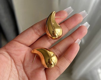 18k Gold Bottega Earrings, Chunky Teardrop Earrings, Gold Dome Hoop Earrings, Kylie Earrings, Thick Gold Huggies, Chunky Waterproof Earrings