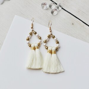 Pearl Colour Gold Plated Tassel Earrings - Silk thread - Pearl - Gold Plated Hook - Cream Dangle Earrings