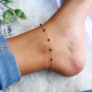 Dainty Natural Hematite Gold Plated Stainless Steel Anklet, beach anklet, minimalist, everyday anklet, gold anklet, waterproof, non-tarnish