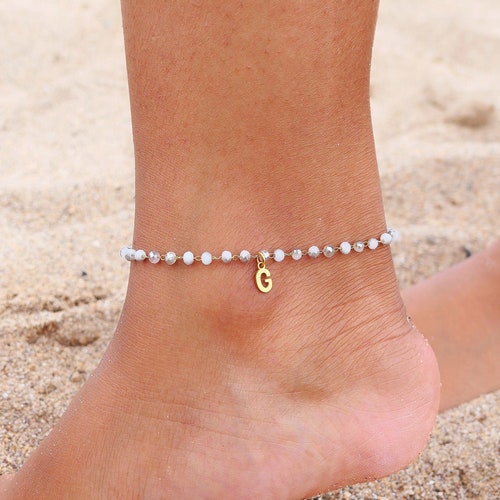 Beaded Initial Stainless Steel Anklet Gold Plated Anklet Etsy UK