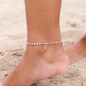 Beaded Initial Stainless Steel Anklet, Gold Plated Anklet, Beach Anklet, Minimalist, Gold Anklet, Waterproof, Non-tarnish, Bridesmaid Gift