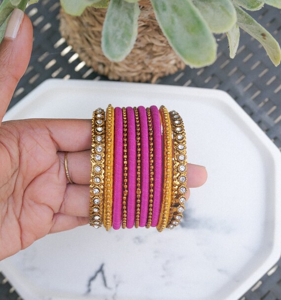 Silk thread bangles yellow and best sale pink