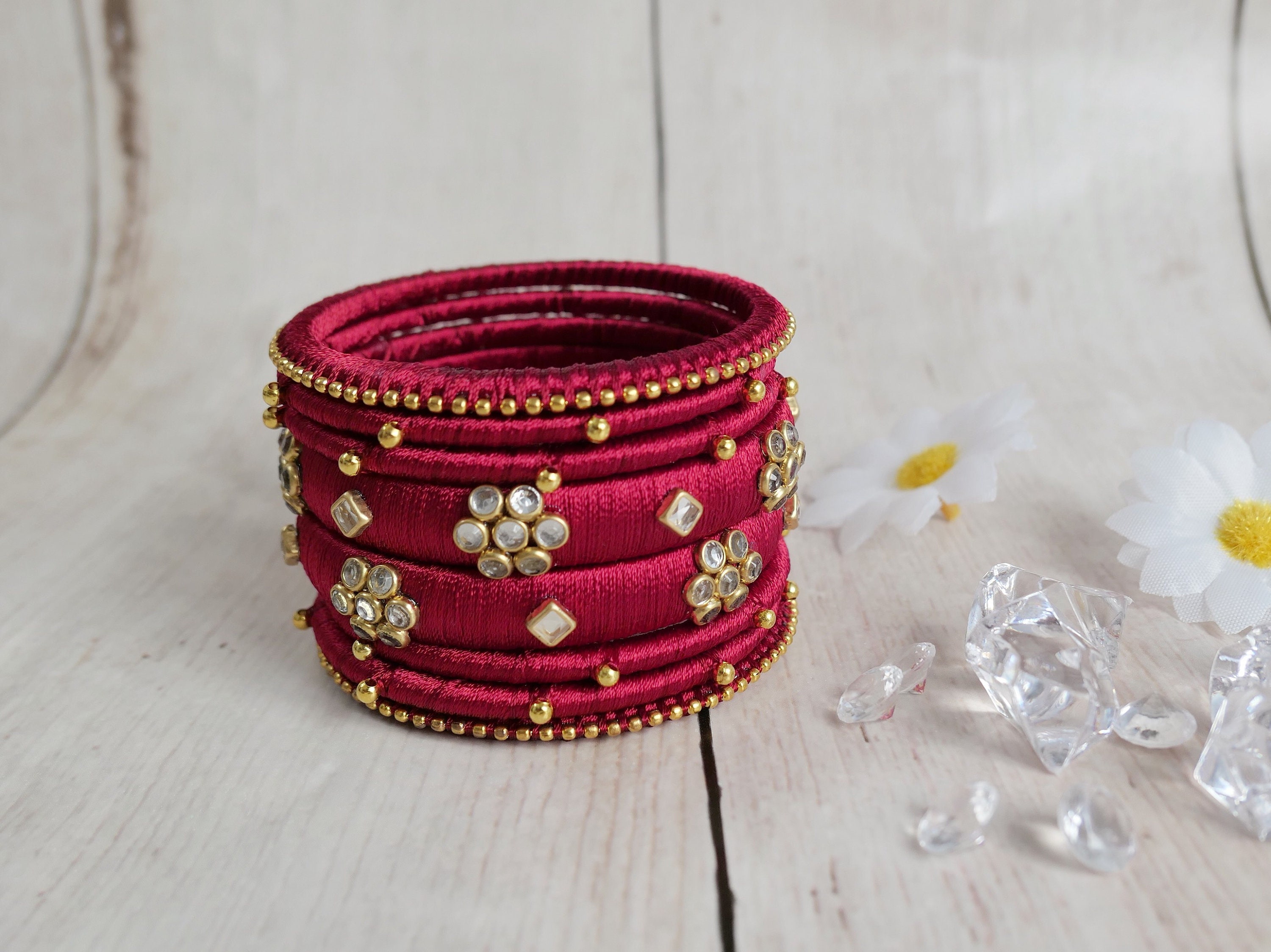 Silk thread bangles red and deals gold