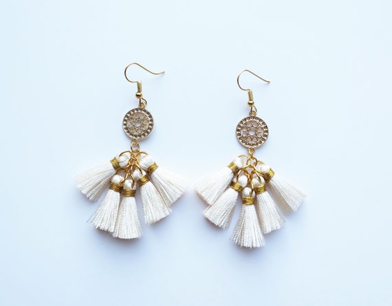 White Colour Silk Thread Jhumukka Earrings