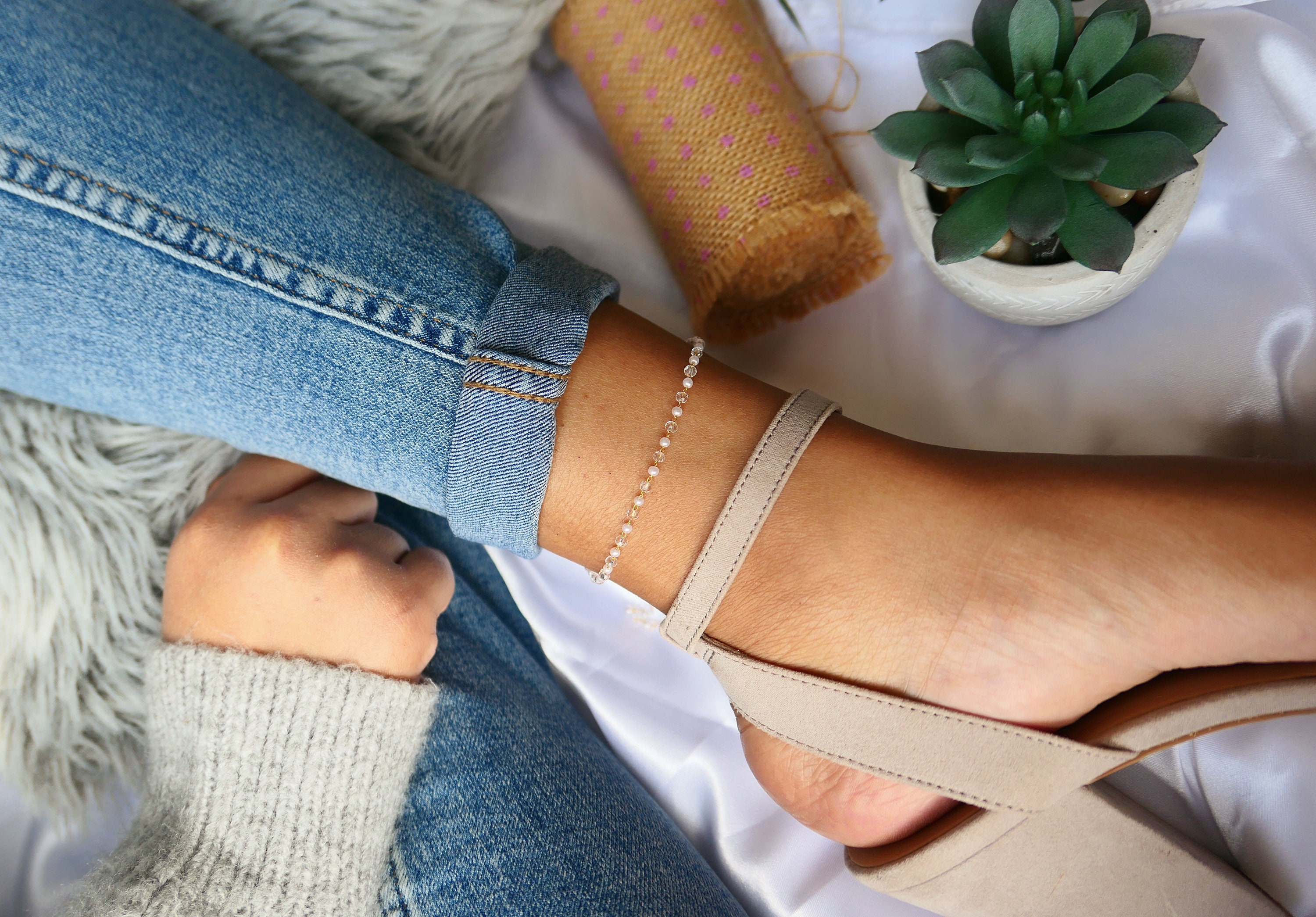 Dainty Gold Plated White Beaded Anklet Beach anklet Etsy