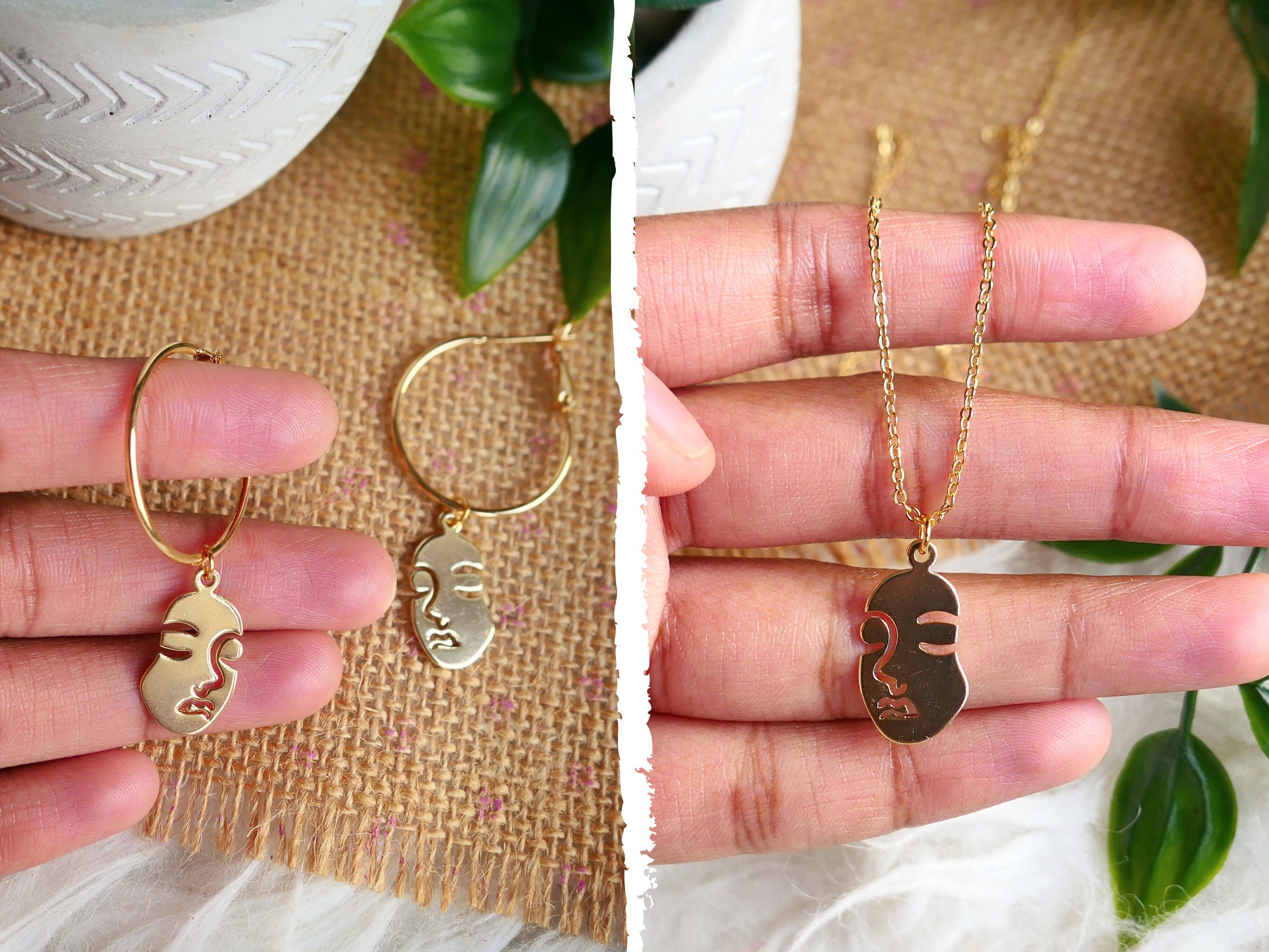 Face Hoop Earrings Face Necklace Gold Plated Earring Etsy