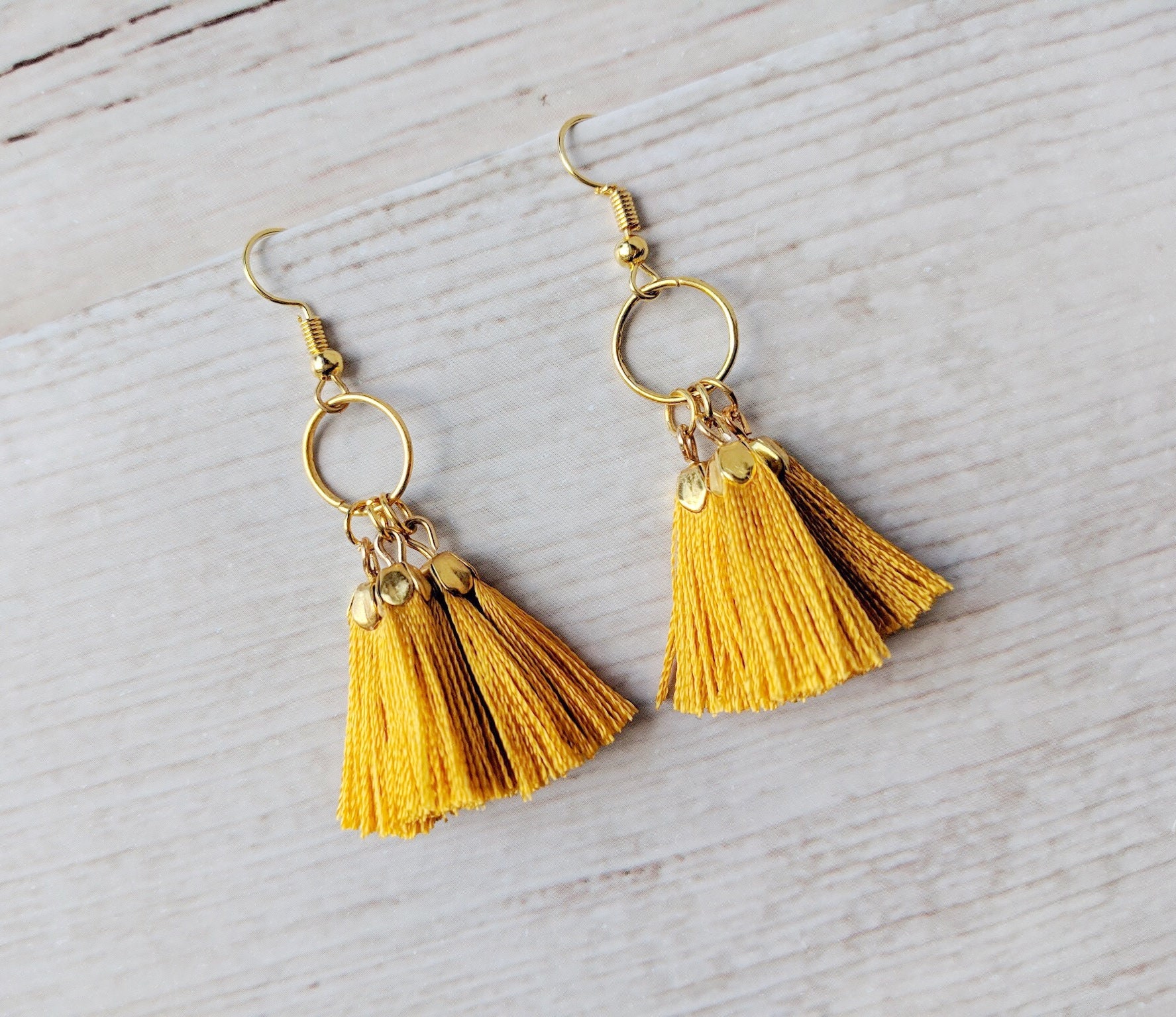 Yellow Gold Colour Plated Tassel Earrings - Silk thread - Dangle Drop…