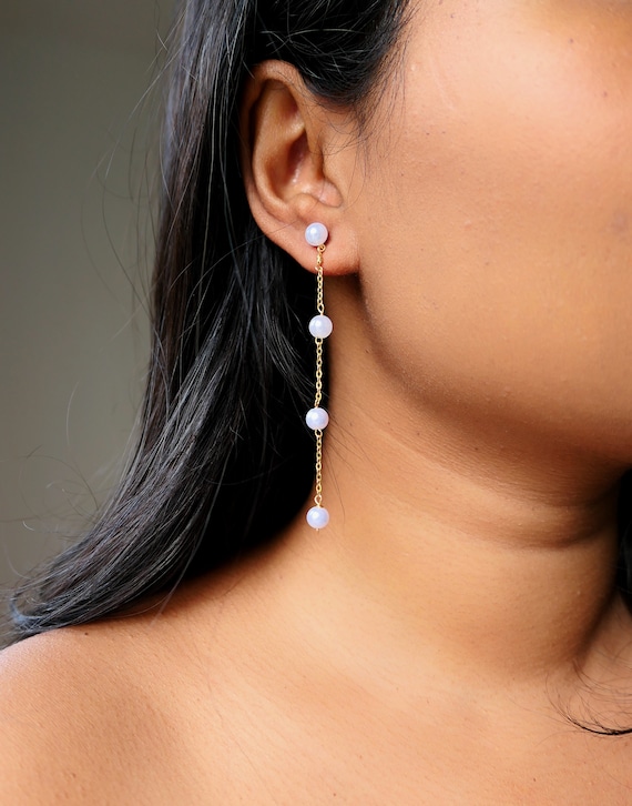 Pearl Long Chain Earrings Dainty Pearl Drop Earrings Gold Chain